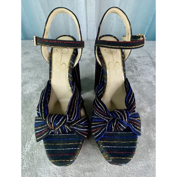 Jessica Simpson | Womens 8 Platform Heels Black Multi Striped Block High Heels - Picture 3 of 11